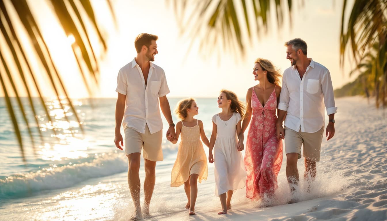 A family walking along a white-sand Florida beach at golden hour
